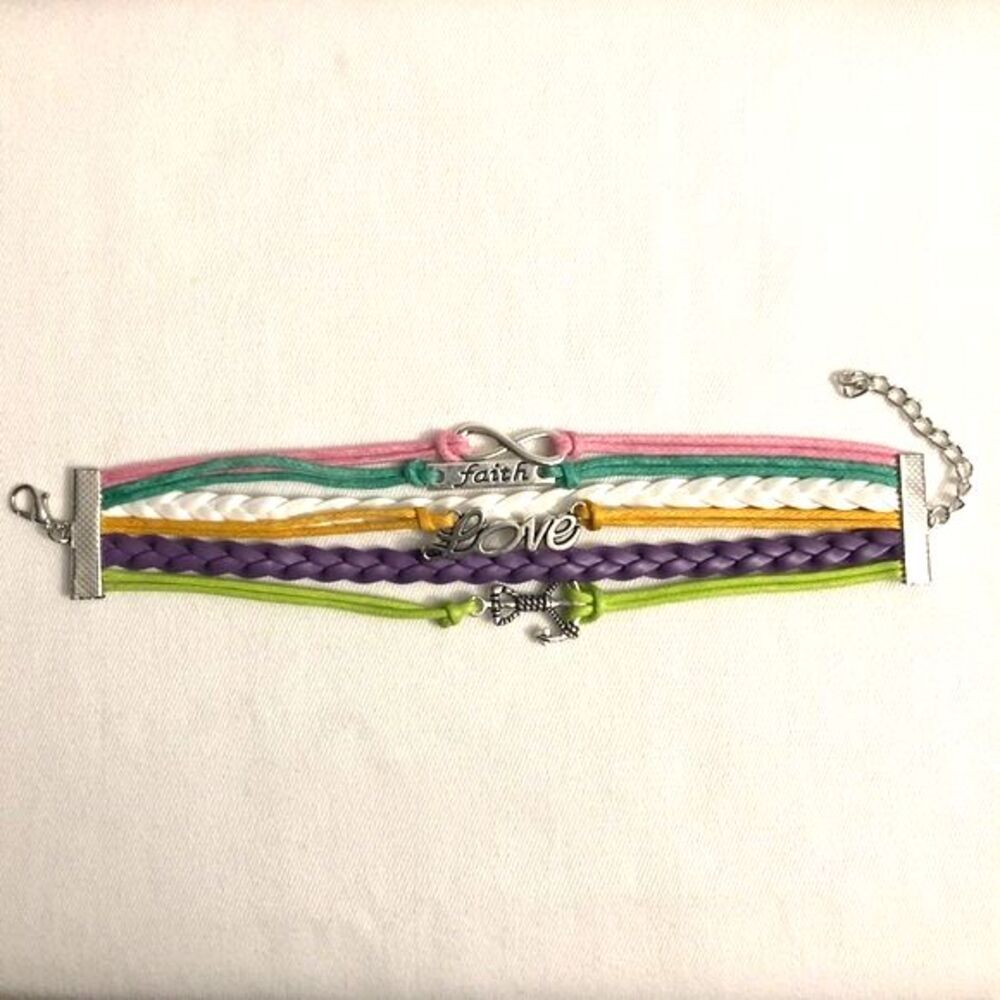 Love Faith Multi Color Braided PU Leather Wrap Charm Bracelet